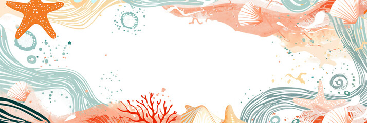 Wall Mural - Sea life banner with starfish, coral, and shells in pastel colors. Panoramic web header. Wide screen wallpaper with copy space