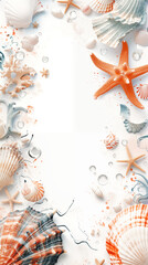 Wall Mural - Starfish and shell poster frame with copy space and coral elements in soft hues