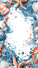 Wall Mural - Seashell and starfish frame with white space and aquatic elements