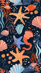 Wall Mural - Marine life. Starfish, seashell, coral and seaweed on dark background