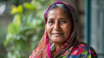 Wall Mural - a happy Indian woman in a colorful headscarf. 