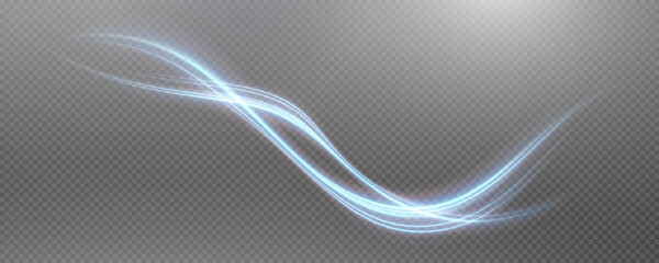 Wall Mural - Vector png background with blue glowing lines. Blue glowing lines of speed. Light glow effect. Light trail wave, fire trail line and glow curve swirl.