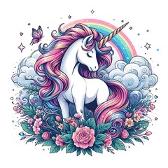 Wall Mural - A unicorn with rainbow and flowers realistic lively bring spirit art