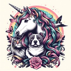 Wall Mural - A unicorn and cat with rainbow hair and flowers realistic lively attractive card design image.