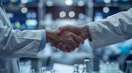 Wall Mural - Handshake between two scientists in a biotech lab, combined with business growth charts and molecular research