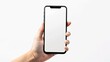 © Bijac - modern frameless smartphone mockup with blank white screen held in hand isolated on white background for app or web design