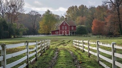 Poster - A picturesque farmstead with a white picket fence and a red barn.