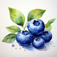 Wall Mural - Watercolor painting of ripe blueberry on white background. Juicy berry. Tasty summer harvest