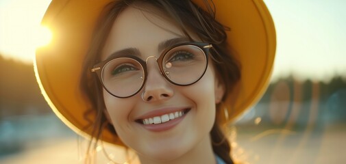 Wall Mural - A woman wearing glasses and a yellow hat is smiling at the camera