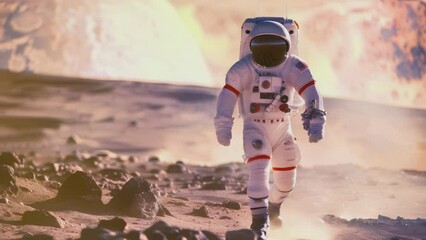 an astronaut of the future stands on an unknown alien planet. a man in a spacesuit on an alien plane