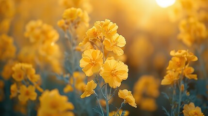 Wall Mural - A field of bright yellow mustard flowers blooming under a clear sky.