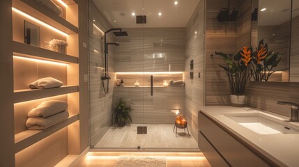 High-detail photo of a modern bathroom with a walk-in shower, built-in shelves, and sleek design