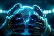 © misunderst00d - Futuristic gloves with glowing lines holding digital soccer ball with network connections in dark setting