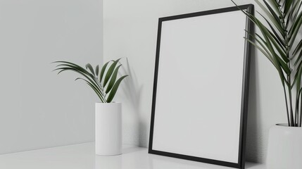 Wall Mural - realistic mockup of black picture frame leaning on white wall closeup 3d rendering