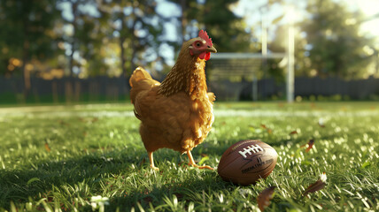 Chicken standing on grass next to football