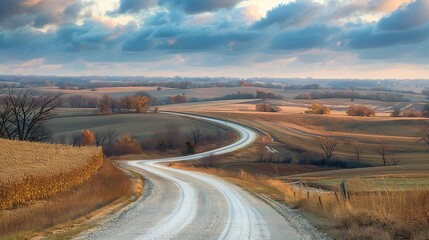 Sticker - scenic country road winding through fields and pastures in midwest landscape photo