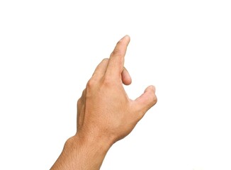 Men's hands making gestures like I'm pointing at something. or touch the phone screen Isolated on white background.