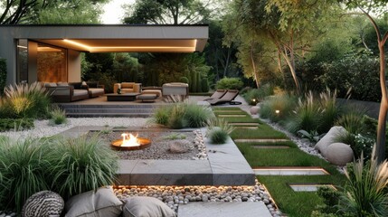 High-quality image of a modern home garden with a streamlined fire pit, comfortable seating, and tall grass accents