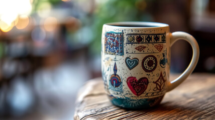 Ceramic mug with colorful abstract patterns on a wooden table. Close-up shot of a decorated mug. Bohemian and artistic concept. Design for poster, wallpaper, banner, greeting card, invitation, postcar