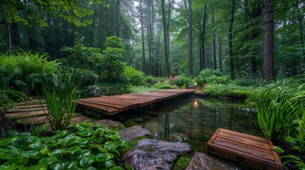 Home garden with a forest aesthetic, featuring a small wooden bridge over a pond and dense vegetation