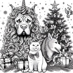 Wall Mural - A dog and cat with presents and a tree print design attractive meaning.