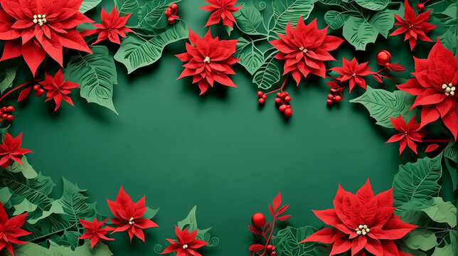 Red flower paper cut style pattern with copy space on a green background