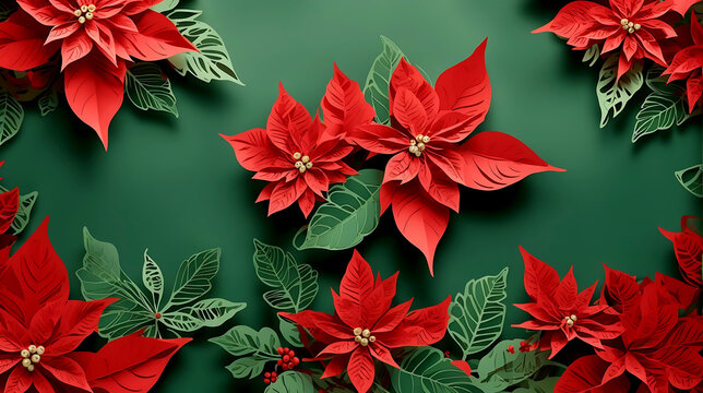 Red flower paper cut style pattern with copy space on a green background