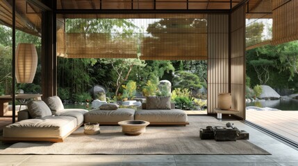 Wall Mural - Living room with a Japanese aesthetic, featuring a low-profile sofa, zen garden view, and bamboo accents