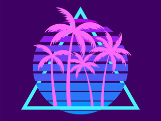 Wall Mural - 80s retro sci-fi palm trees on a sunset. Retro futuristic sun with palm trees in a triangular frame. Synthwave style. Design for advertising brochures, banners and posters. Vector illustration