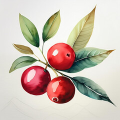 Wall Mural - Watercolor painting of ripe cranberry on white background. Juicy berry. Tasty summer harvest