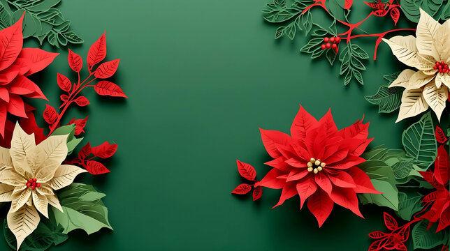 Red flower paper cut style pattern with copy space on a green background