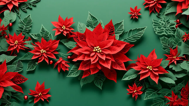 Red flower paper cut style pattern with copy space on a green background