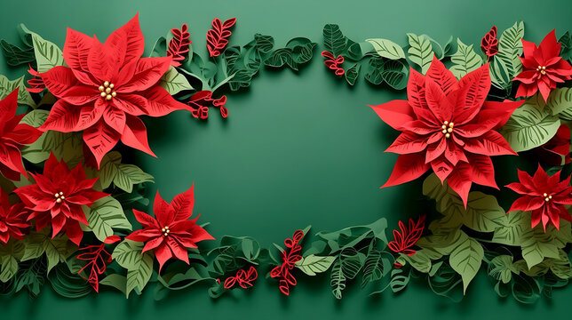 Red flower paper cut style pattern with copy space on a green background