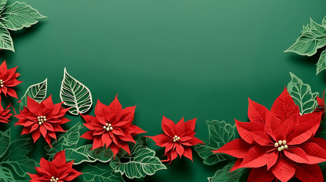Red flower paper cut style pattern with copy space on a green background