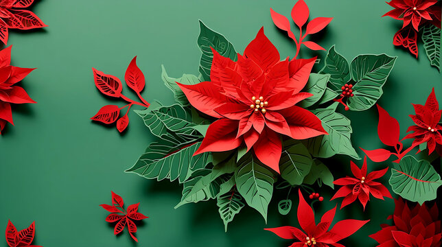 Red flower paper cut style pattern with copy space on a green background