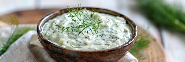 Wall Mural - Dill sauce in bowl, tzatziki greek dip, tarator, cacik or tartar with lemon, dill dressing, mayo, yogurt cream