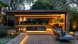 © G.Go - Modern garden featuring a streamlined outdoor kitchen, minimalist furniture, and ambient lighting