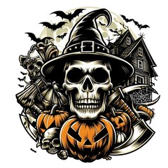 Wall Mural - A skull with a hat and pumpkins realistic harmony attractive art used for printing.