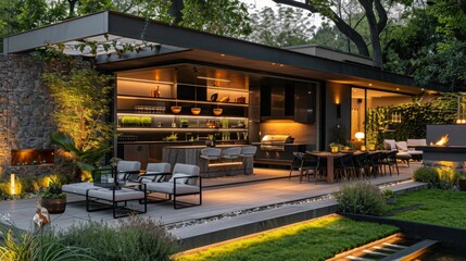 Wall Mural - Modern home garden featuring a sleek outdoor kitchen area, contemporary furniture, and ambient lighting