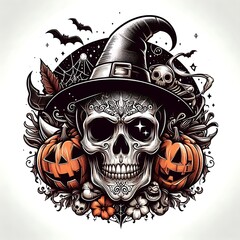 Wall Mural - A skull with a hat and pumpkins realistic harmony attractive lively used for printing.