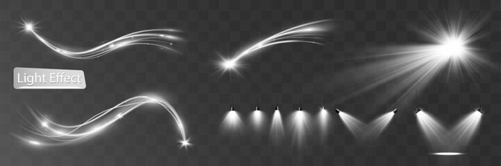 Wall Mural - Light white wave and spotlight,meteor shine effect,vector glow line sparkle shine. Silver wavy effects