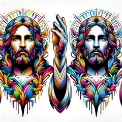 Wall Mural - A colorful artwork of a jesus christ with long hair has illustrative art harmony used for printing.