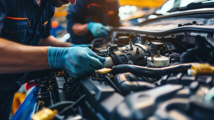 A team of technicians collaborating to perform a major engine overhaul on a customer's vehicle