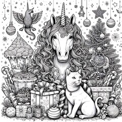Wall Mural - A unicorn coloring pages black and white drawing includes drawing of a unicorn and cat art card design used for printing lively