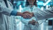 © G.Go - Researchers shaking hands in a biotech lab, overlaid with digital representations of genetic data