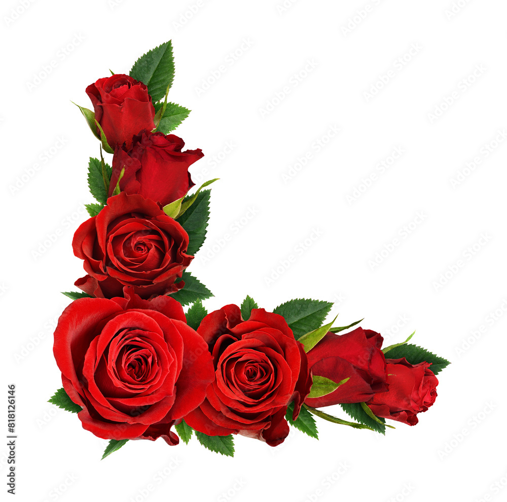 Red Roses Corner Pattern Red rose flowers in a corner floral arrangement isolated on white or ...