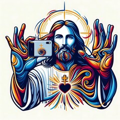 Wall Mural - A jesus christ holding a phone art lively image card design harmony.