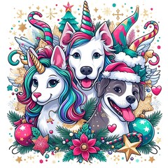 Wall Mural - many dogs with a unicorn horn and a dog wearing santa hats image realistic attractive used for printing realistic