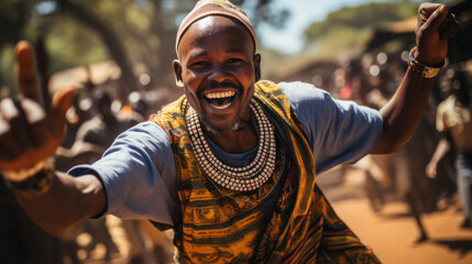 Wall Mural - Joyful Maasai Mara Man in Traditional Colorful Clothing Celebrating at a Cultural Festival