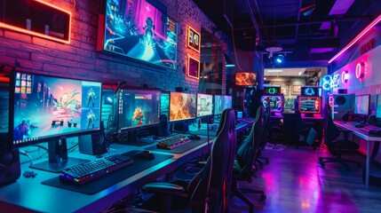 Poster - A gaming room filled with many computers and neon lights, creating a vibrant and high-tech atmosphere for gamers.